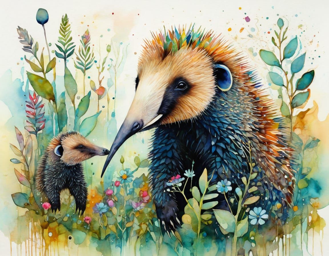 Whimsical Watercolour: Baby Spiny Anteater and Mother