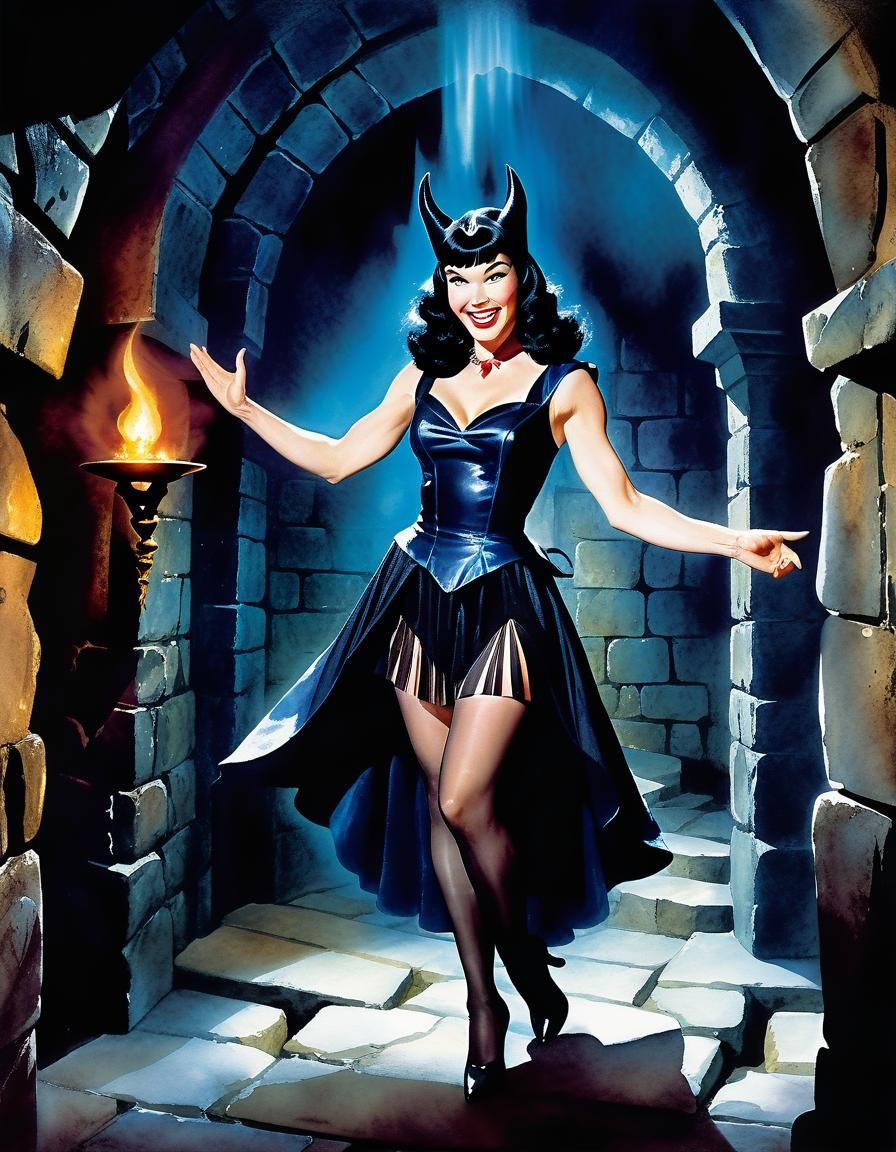 Bettie Page as Sorceress in Watercolor Storybook