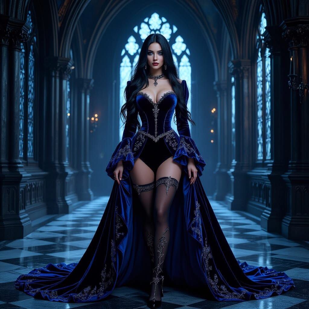 Regal Countess in Gothic Castle: A Pre-Raphaelite Vision