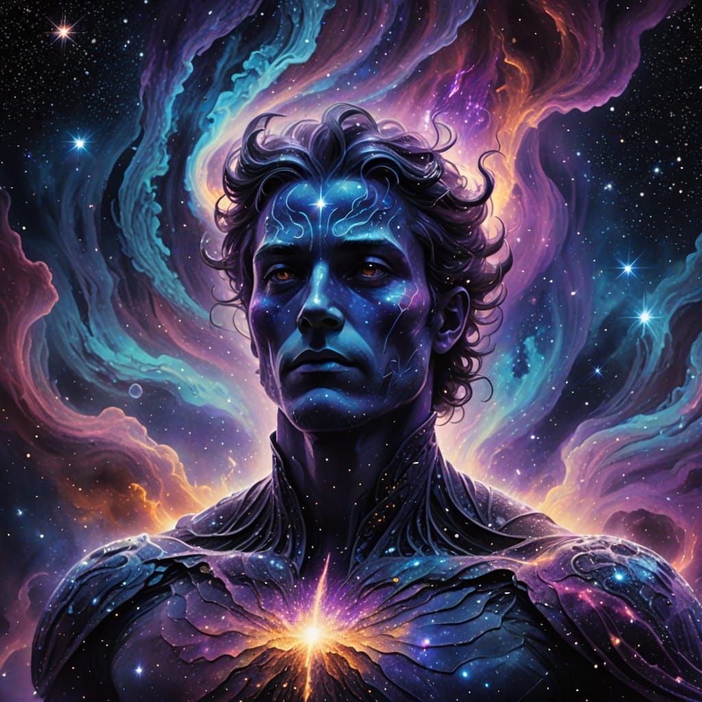 Celestial Being in Cosmic Dust with Light Streaks