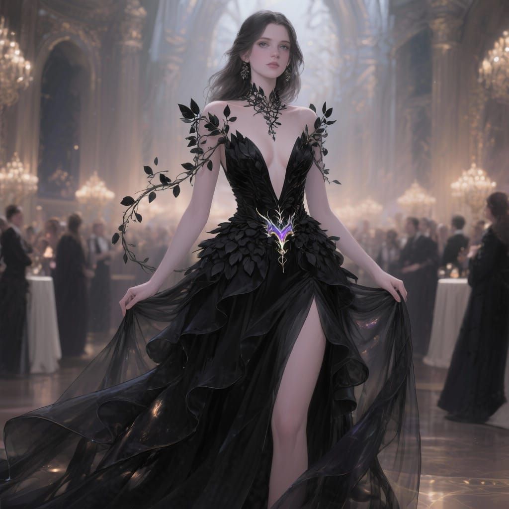 Violet in Dramatic Black Gown at Grand Ball