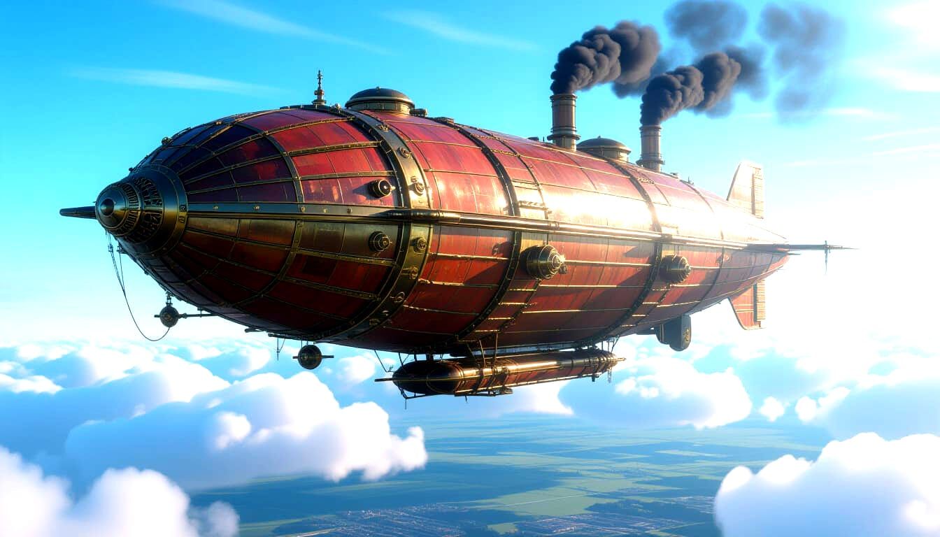 Massive Steampunk Airship Soaring in Blue Sky