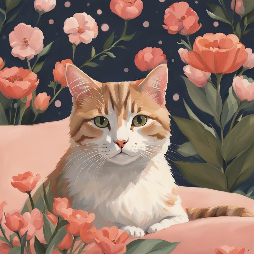 Cute Cat with Flowers in Digital Painting Style