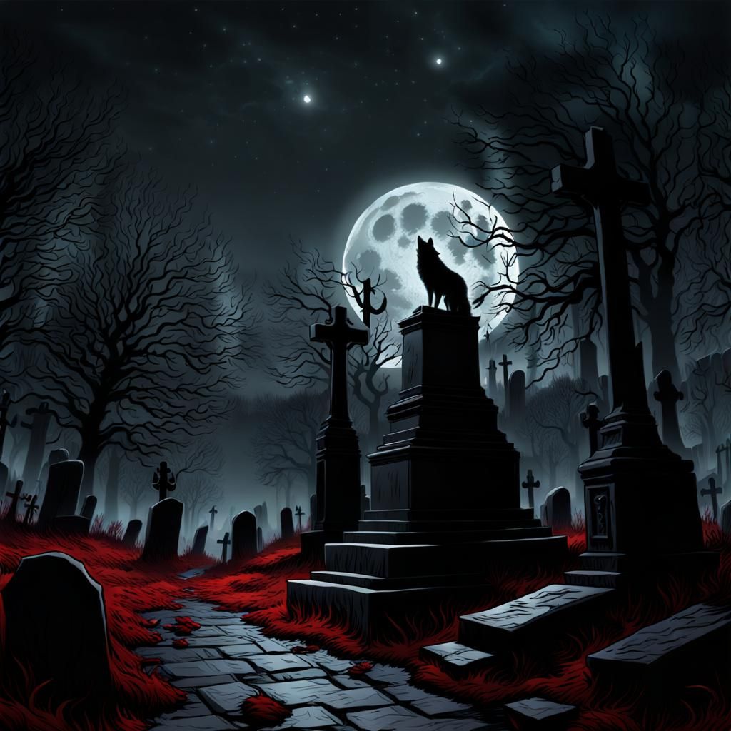 Graveyard Wolf Shadow in Dramatic Digital Painting