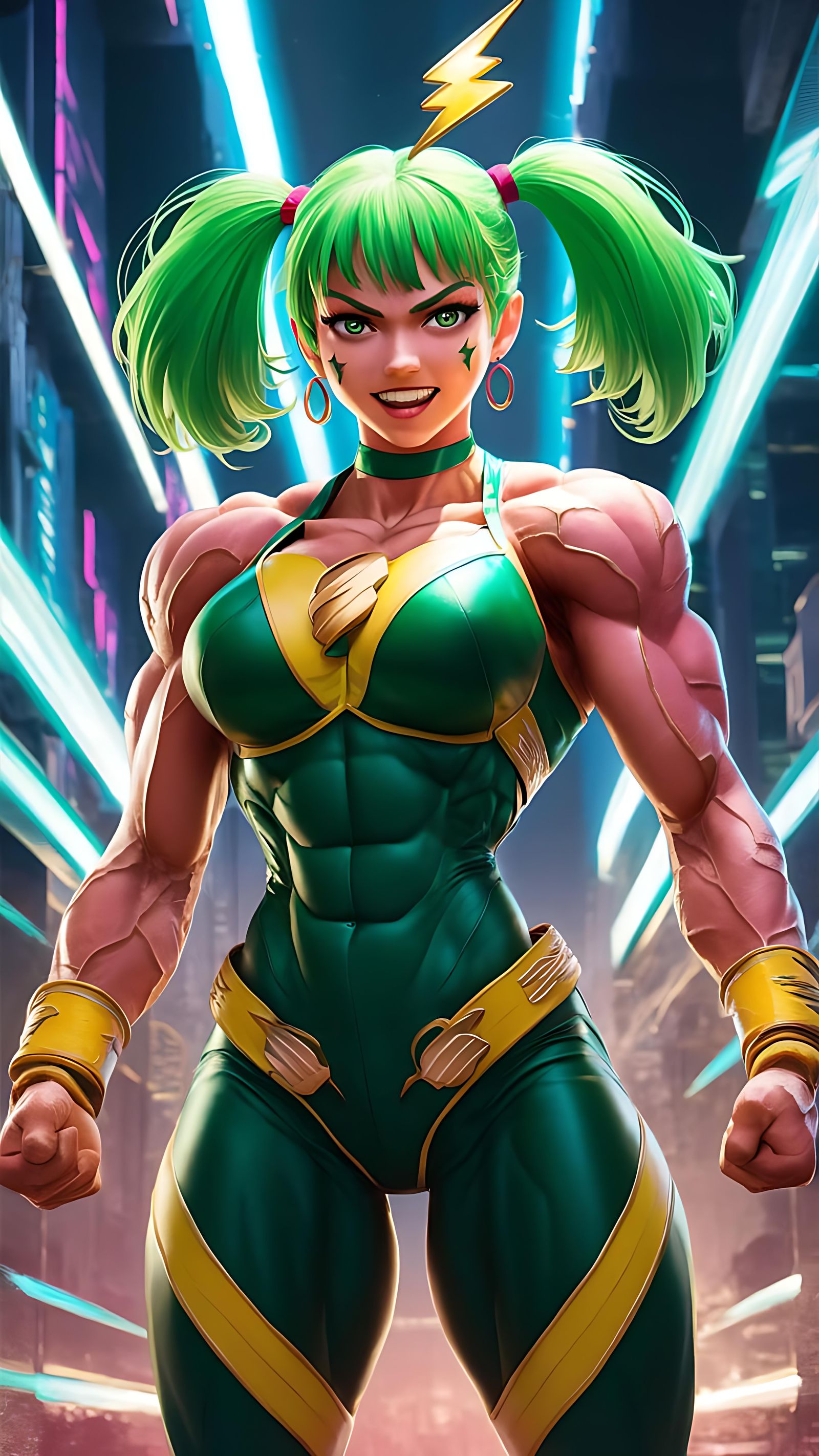 Anime Bodybuilder with Green Hair in Futuristic Cityscape