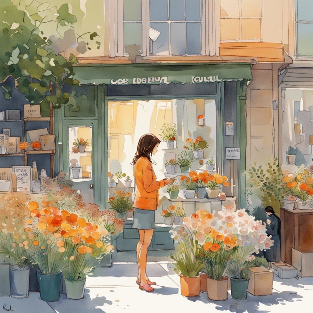 Woman Choosing Flowers: Watercolor Street Scene