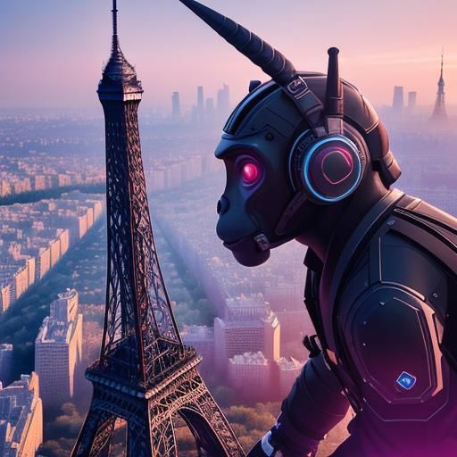 iconic view of a cyber monkey climbing the Eiffel Tower  Stylized watercolor art, Intricate, Complex contrast, HDR, Shar...