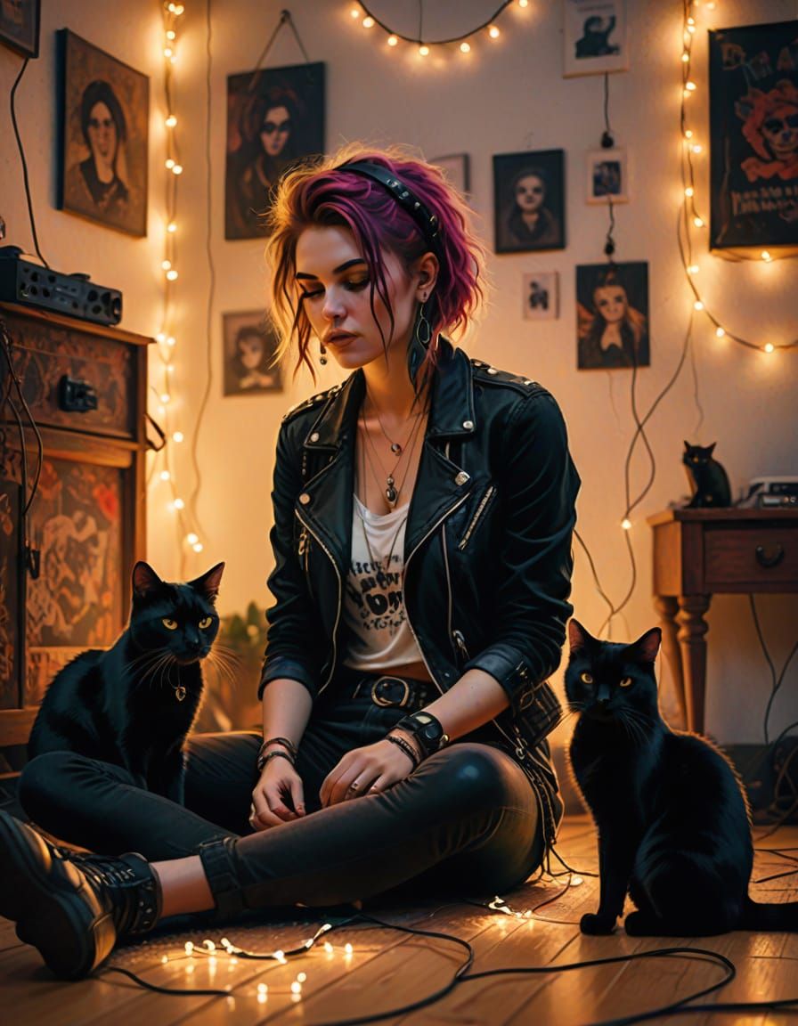 Punkrocker Girl and Cat in Dreamy Bedroom Scene