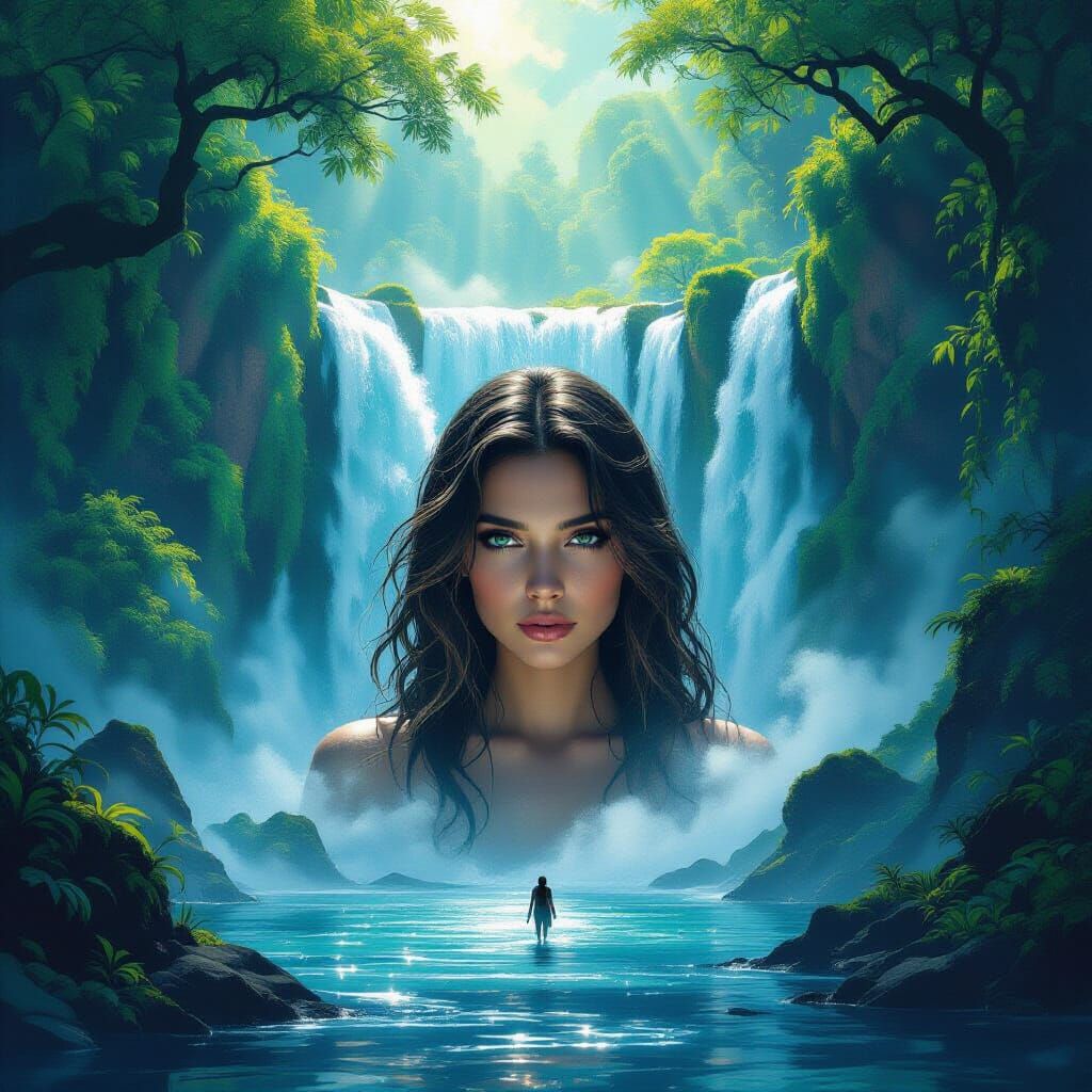 Majestic Waterfall in Lush Forest - Concept Art Portrait