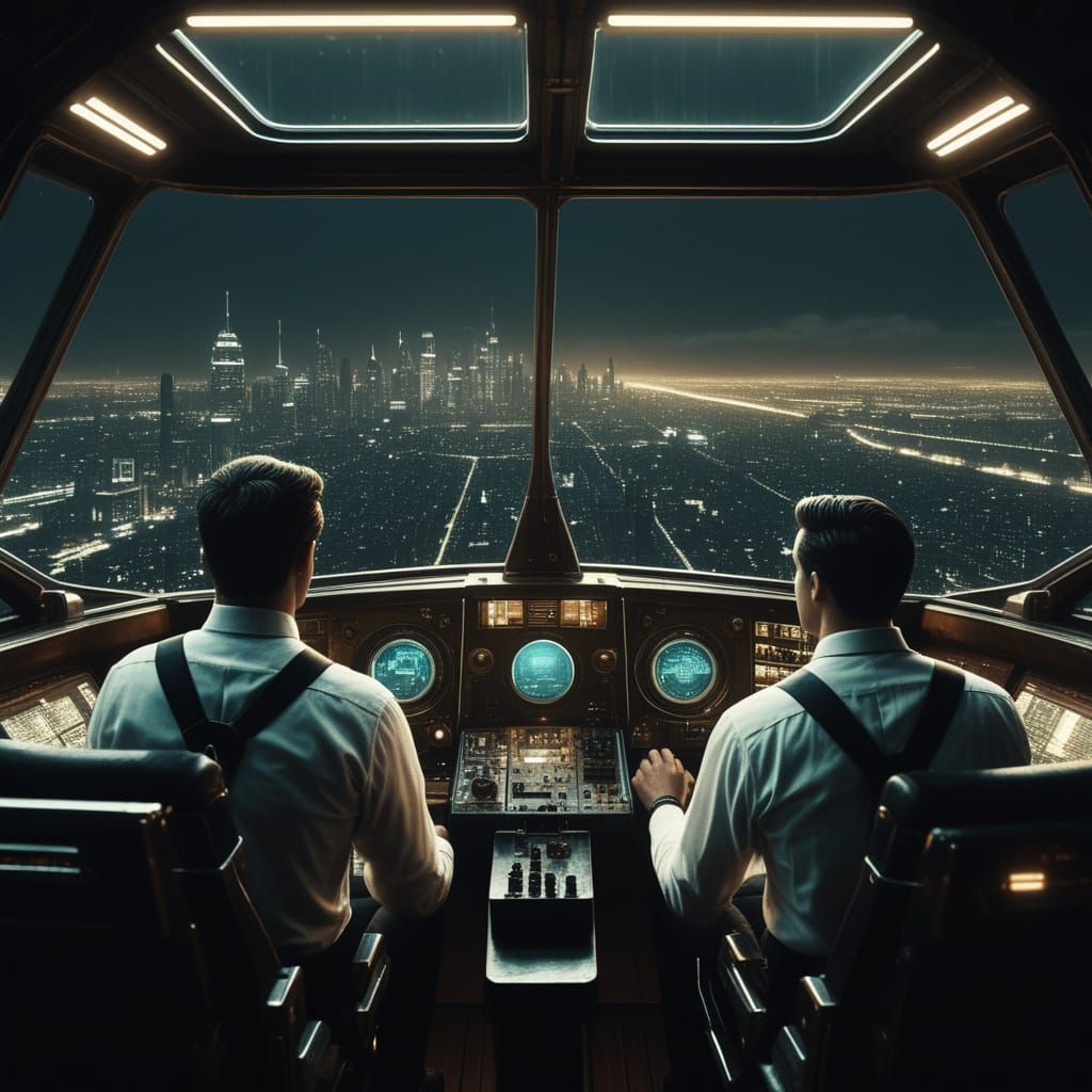 Futuristic Airship Cockpit Over Night Cityscape in Vintage S...