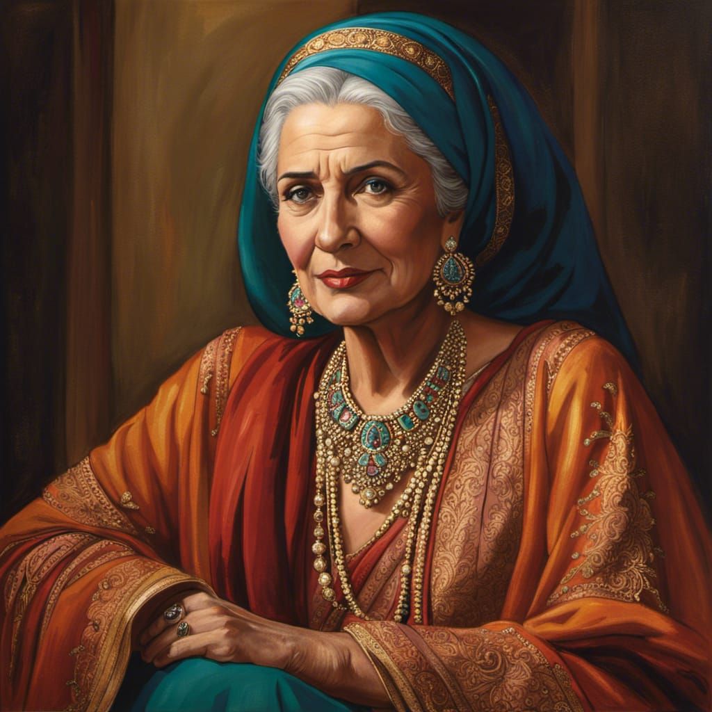 Elderly Middle Eastern Woman in Ghibli Watercolor Style