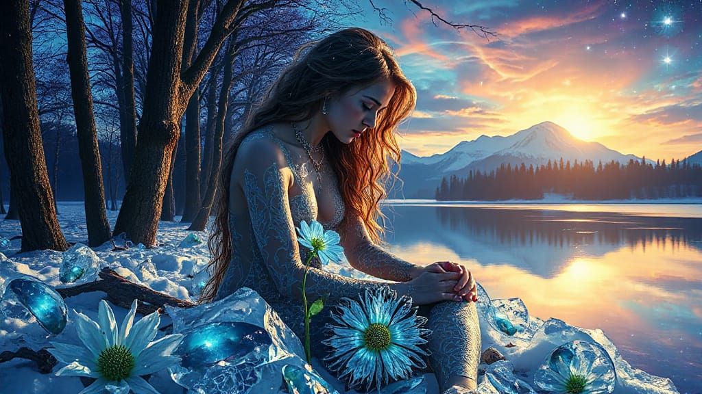 Cosmic Woman with Star Hair and Bioluminescent Patterns