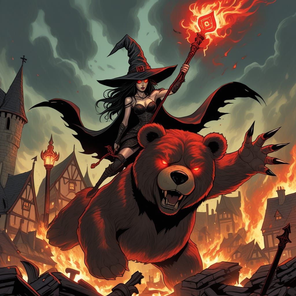 Witch Riding Giant Teddy Bear Attacks Fiery Town