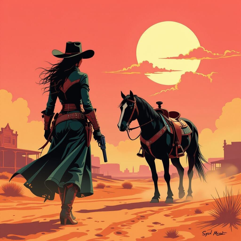 Cowgirl in Western Town with Horse, in Pulp Art Style
