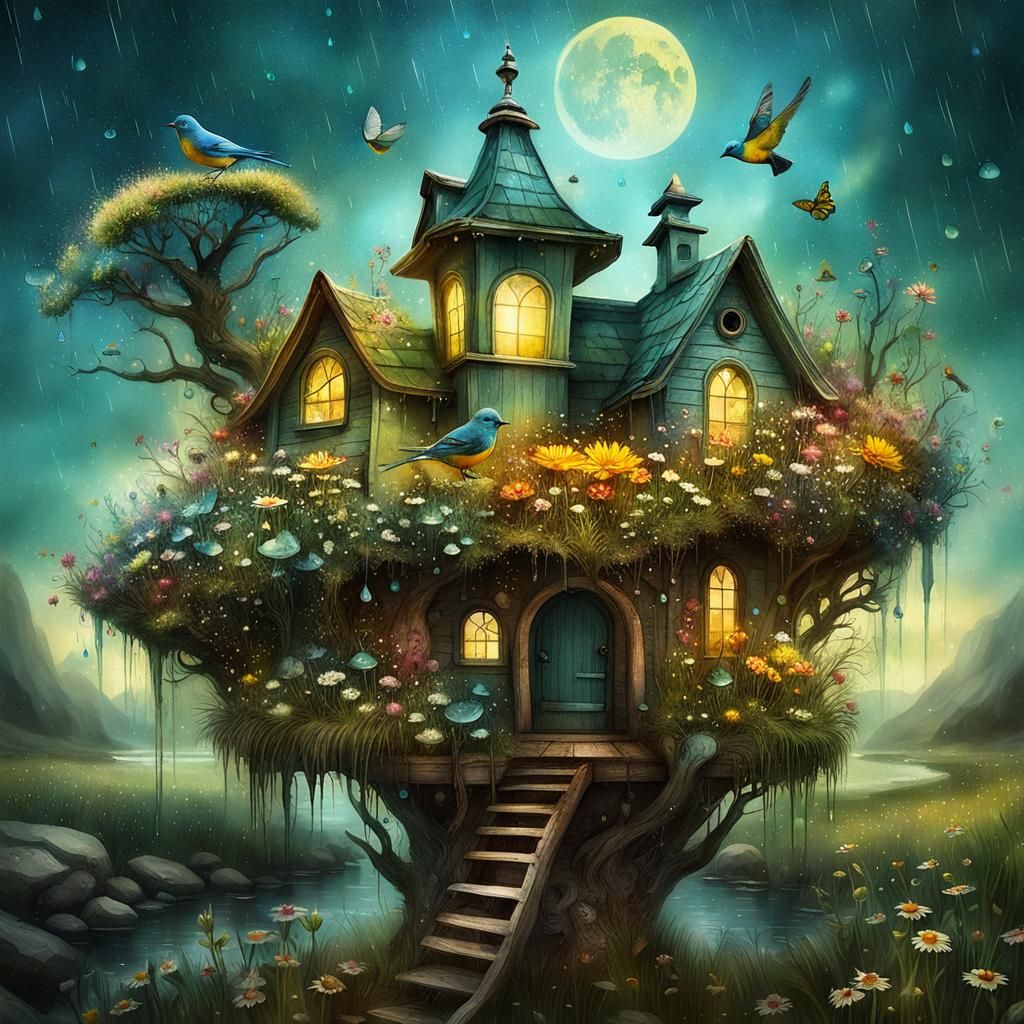 Surreal Birdhouse in Whimsical Flower Meadow, Digital Waterc...