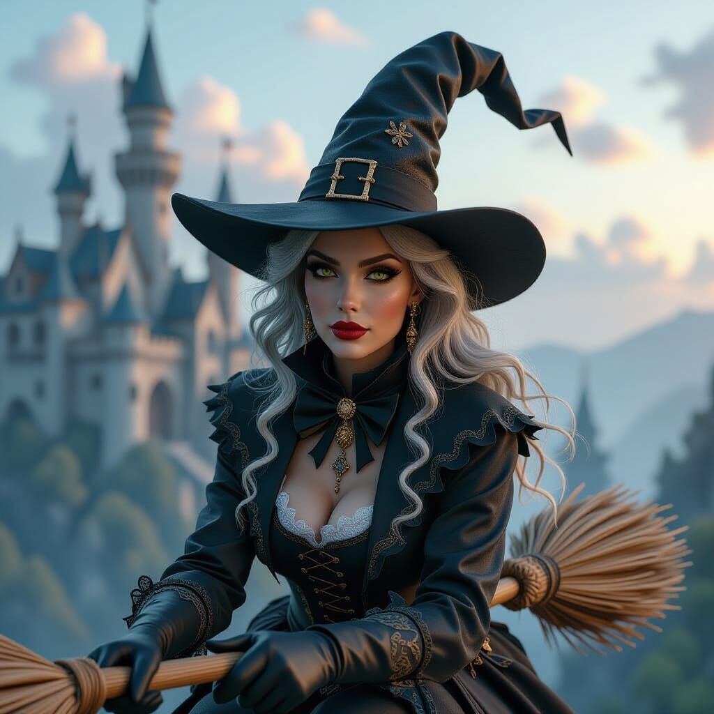 Witch Flying Over Castle in Dynamic Concept Art Style
