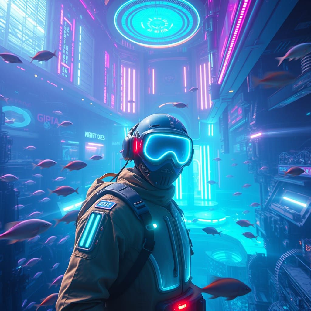 Cyberpunk Underwater City with Glowing Staff