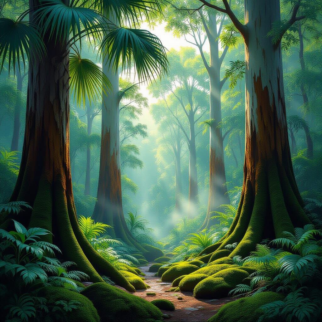 Serene Jungle Path in Dappled Morning Light
