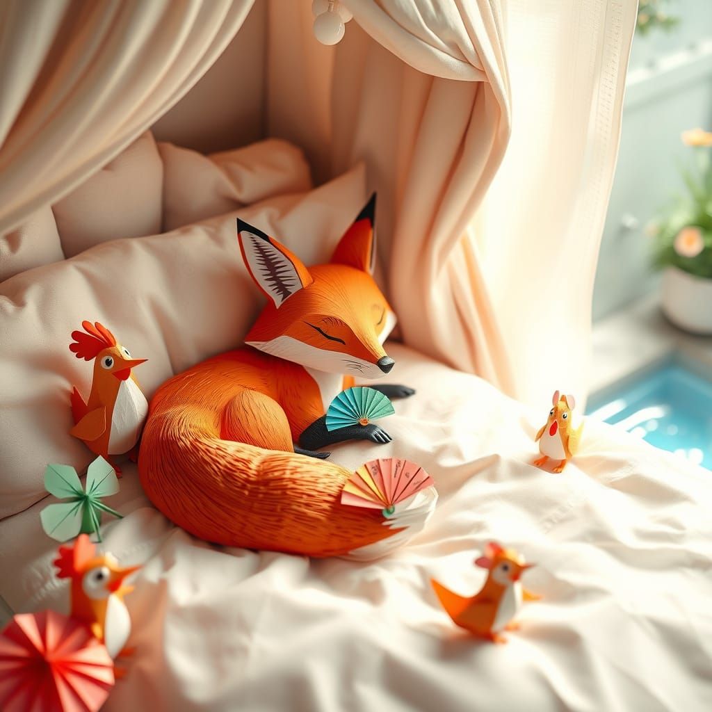 Fox Resting in Origami Papercraft Scene