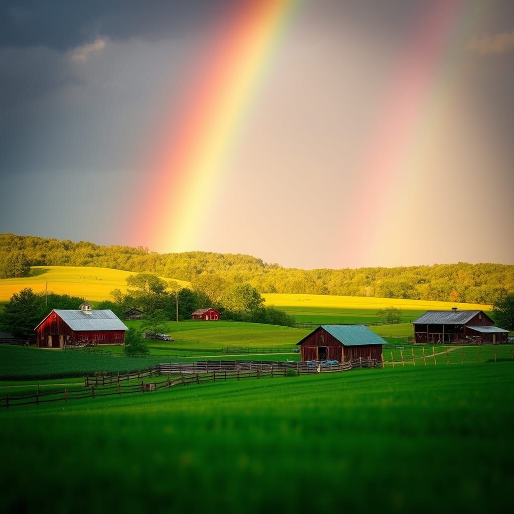 Vibrant Rainbow Over Farm Fields, Professional Photography