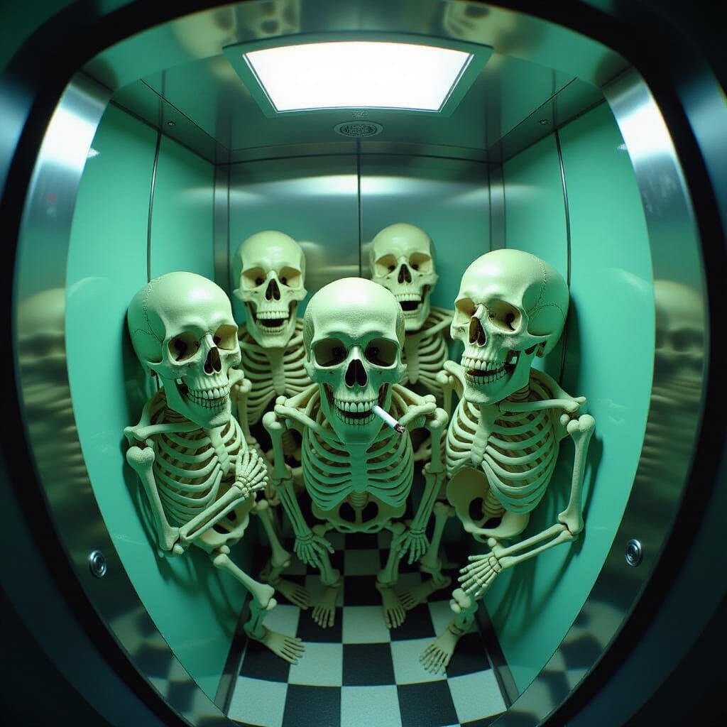 Four Skeletons Packed in an Elevator, Fisheye View