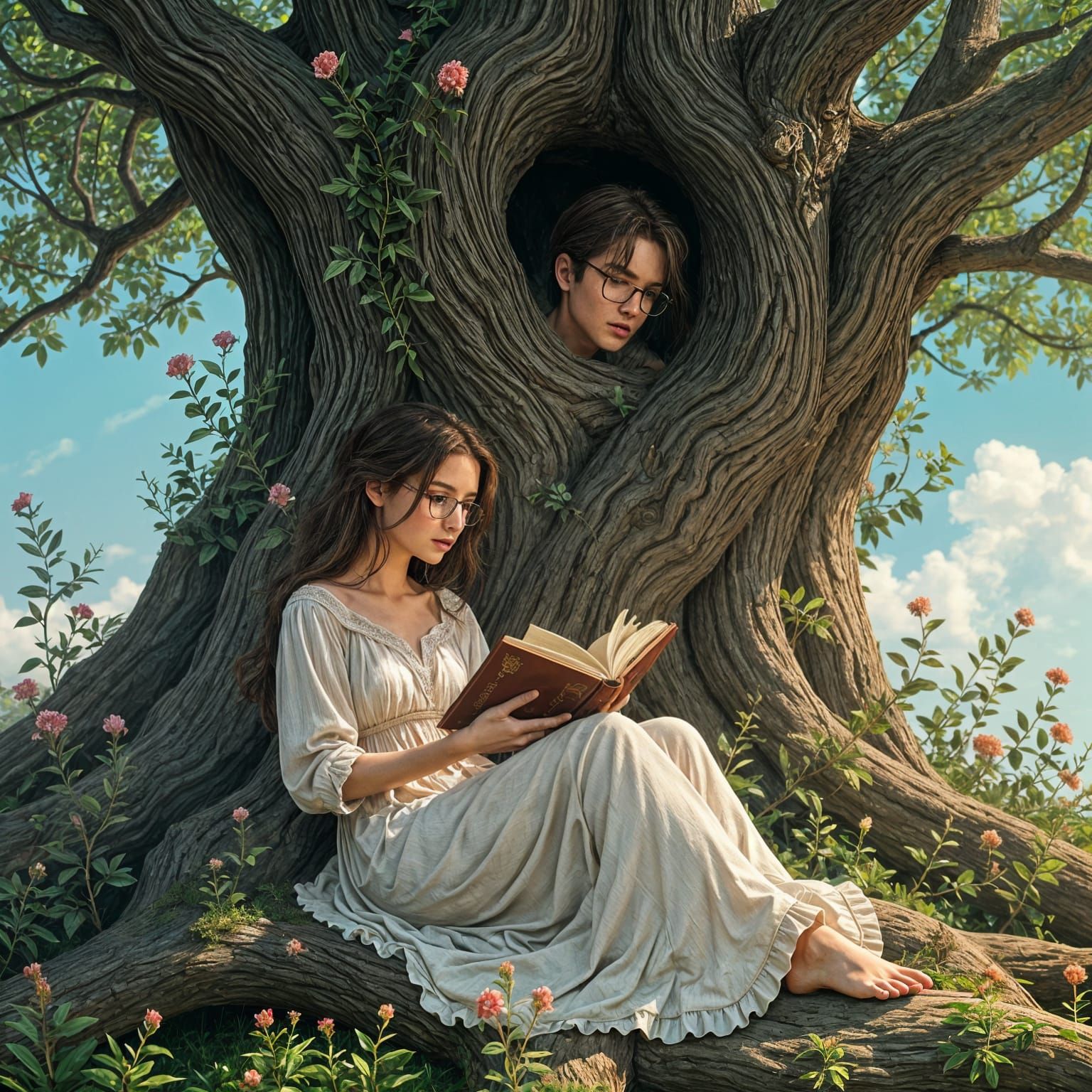 Woman Reading Under Tree: Fantasy Concept Art