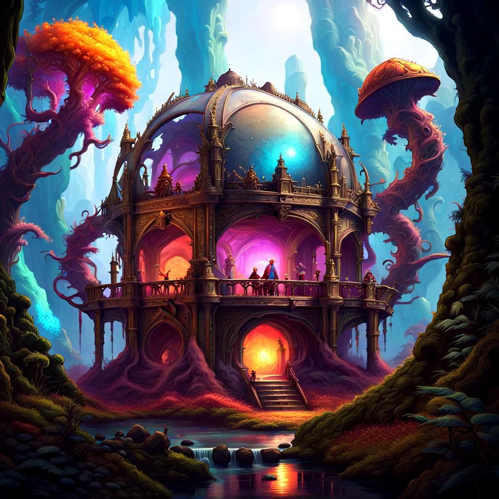 Otherworldly Creatures in Glowing Maximalist Landscape