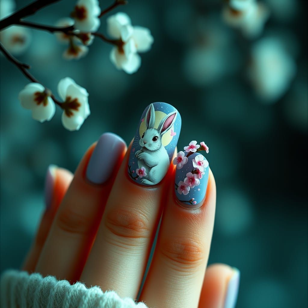 Acrylic Nail Art Moon Rabbit and Cherry Blossoms