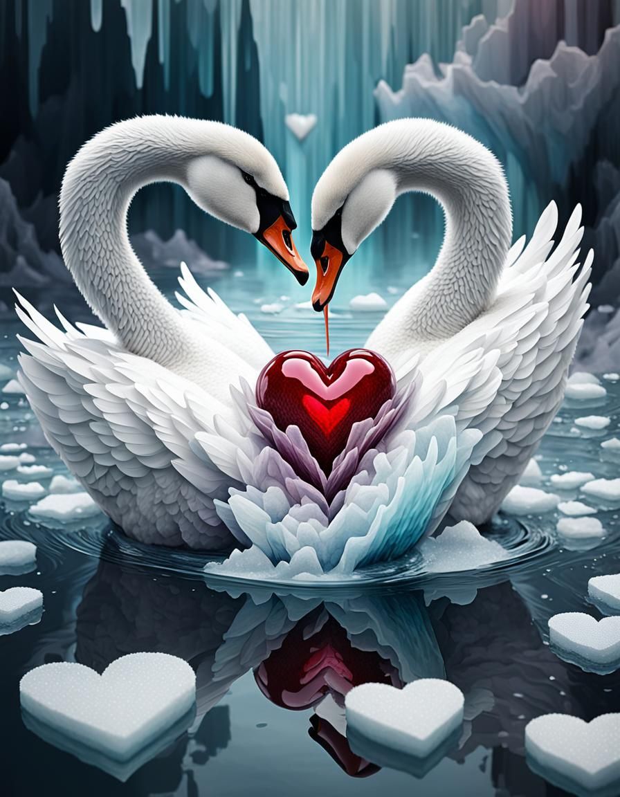 Surreal Heartscape: Swan, Woman, and River of Hearts