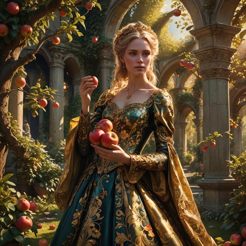 Baroque Fantasy Goddess Holding Glowing Apples in Lush Garde...