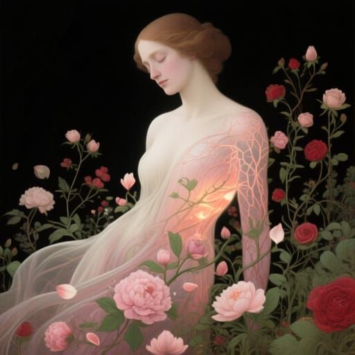 Feminine Figure Transforms into Blooming Garden