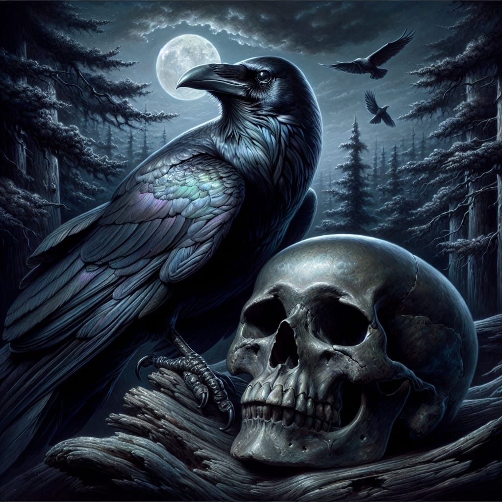 A mysterious raven perched atop a weathered human skull, the...