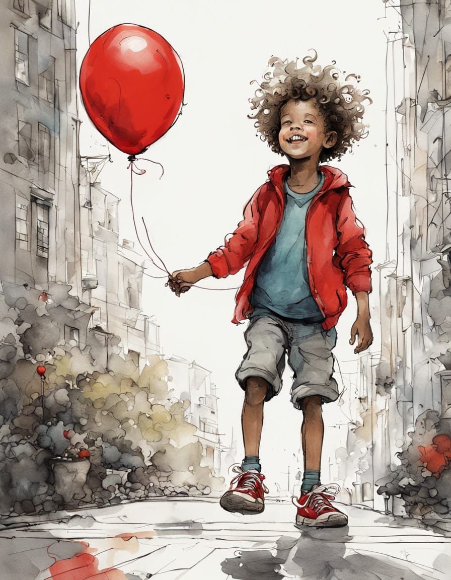 Child's Whimsical Ink Drawing with Oversized Trainers and Br...