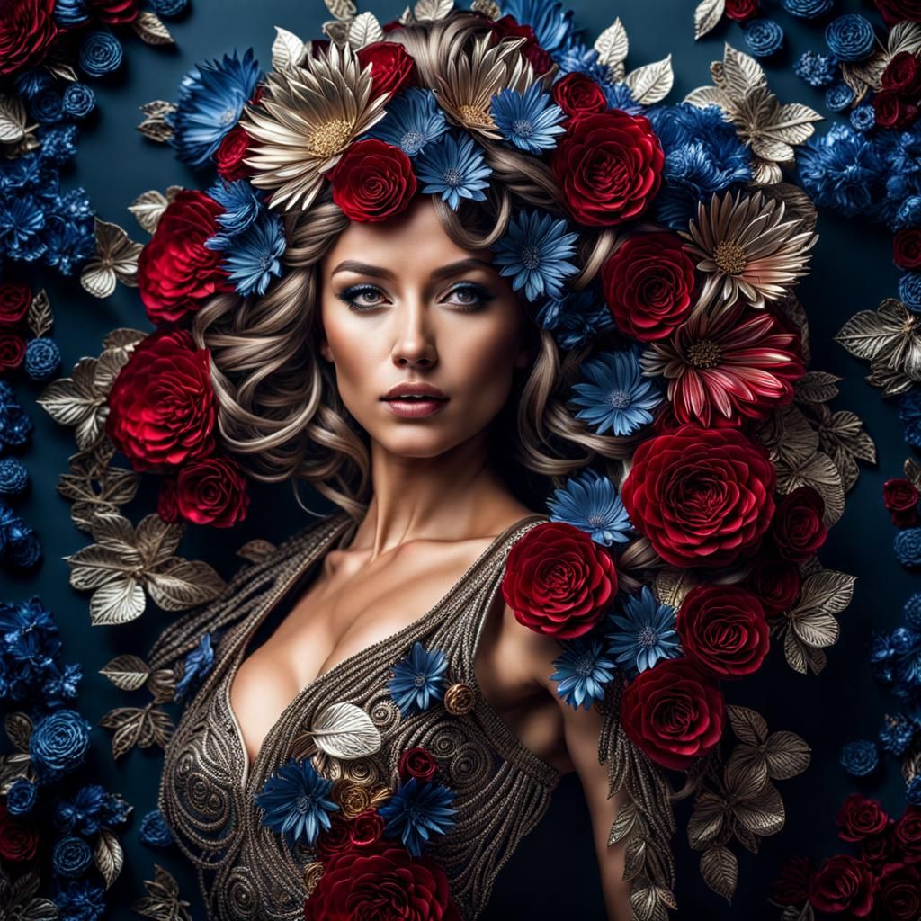 Metal Flower Woman: Hyperrealistic Cinematic Portrait