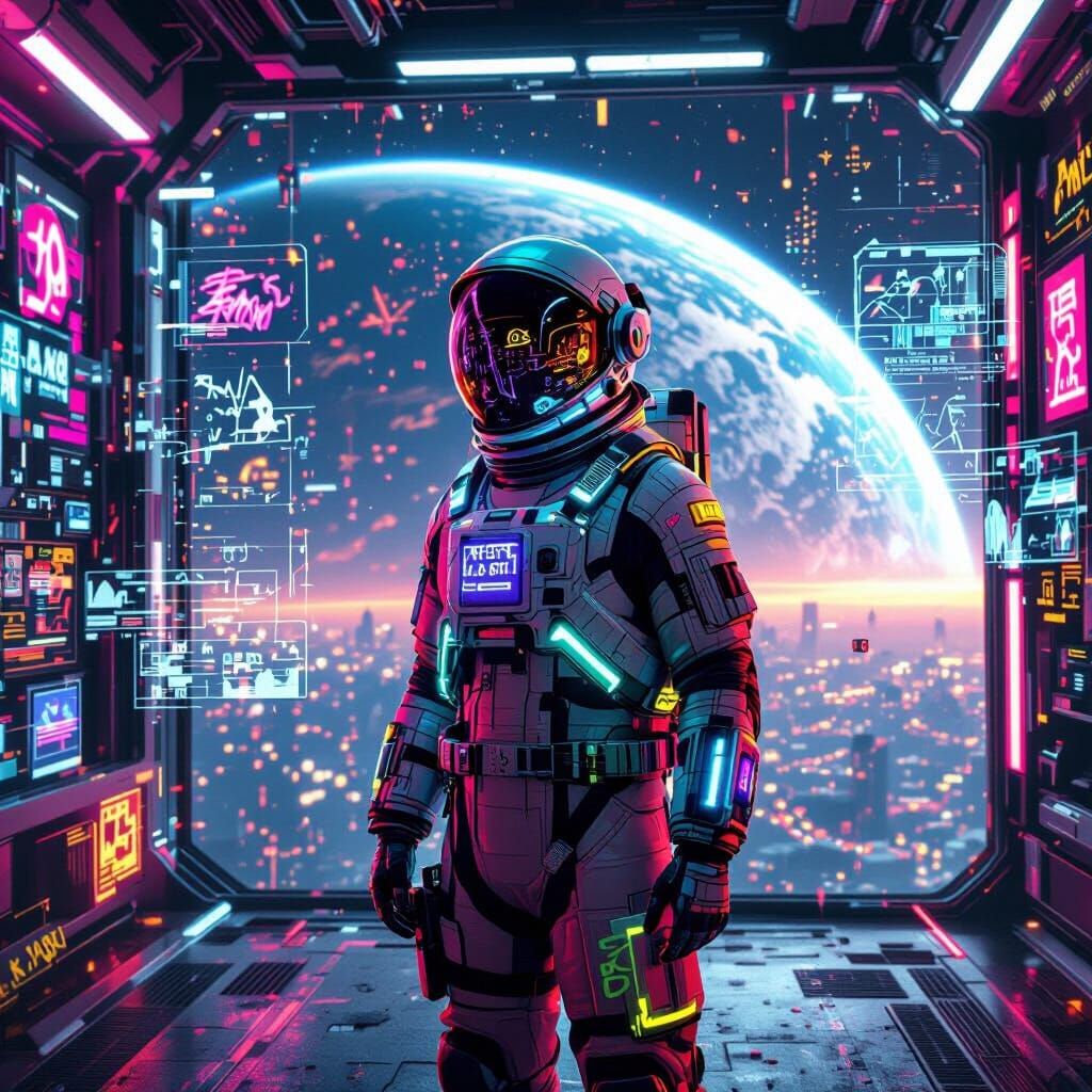 Cyberpunk Astronaut in Neon Space Station with Glitches