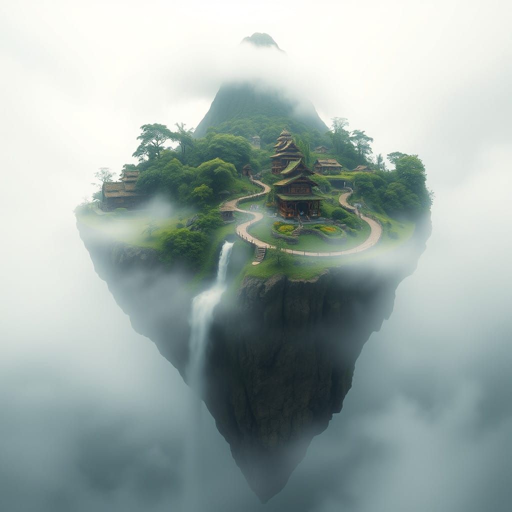 Enchanted Floating Isle with Ethereal Village and Towering M...