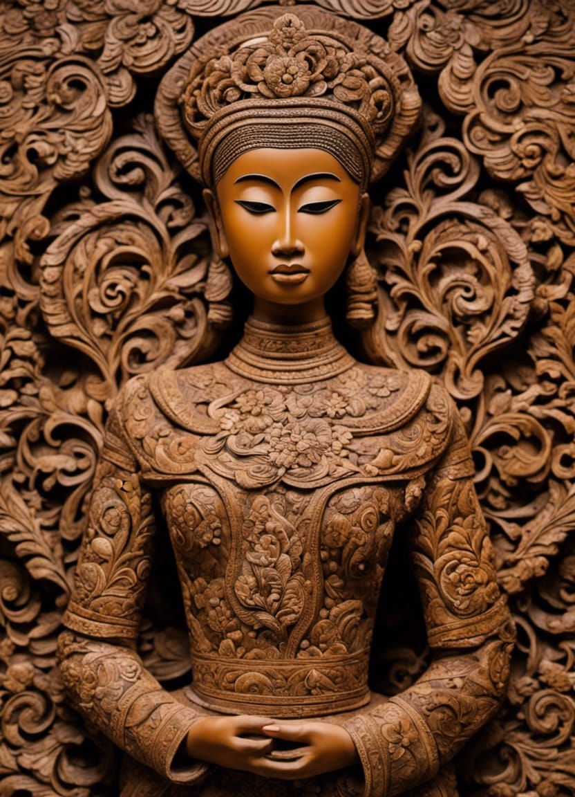 Ornate Wooden Carving of a Young Indonesian Woman