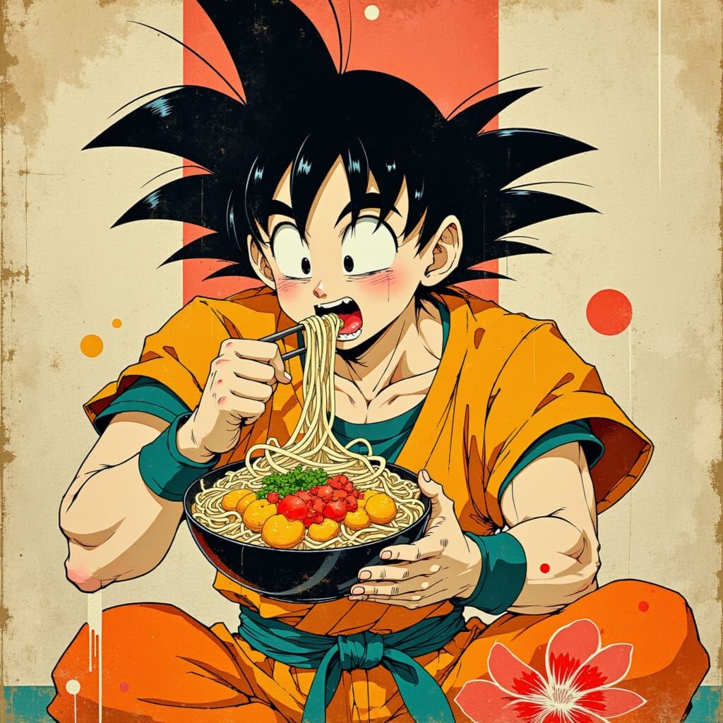 Goku Eating Ramen in Vibrant Anime Style