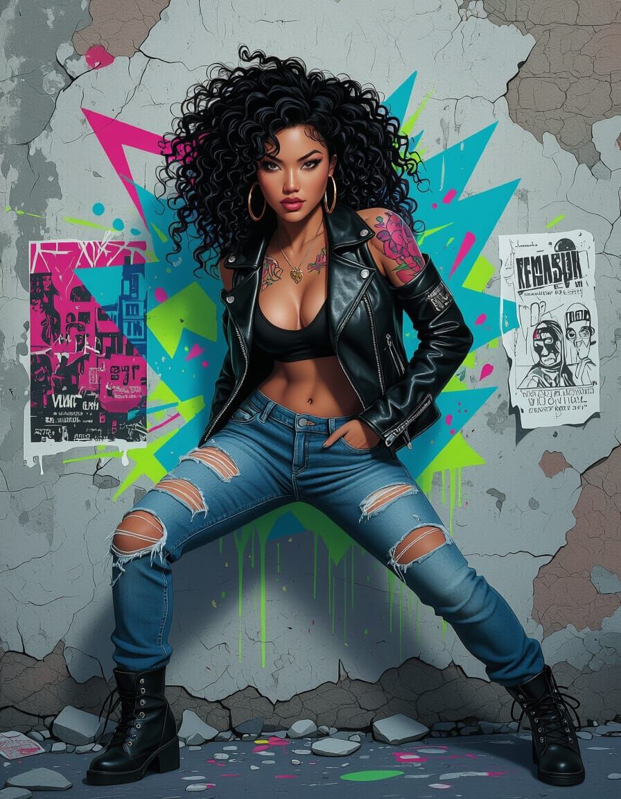 Exotic Asian Woman Graffiti Mural in Electric Hues