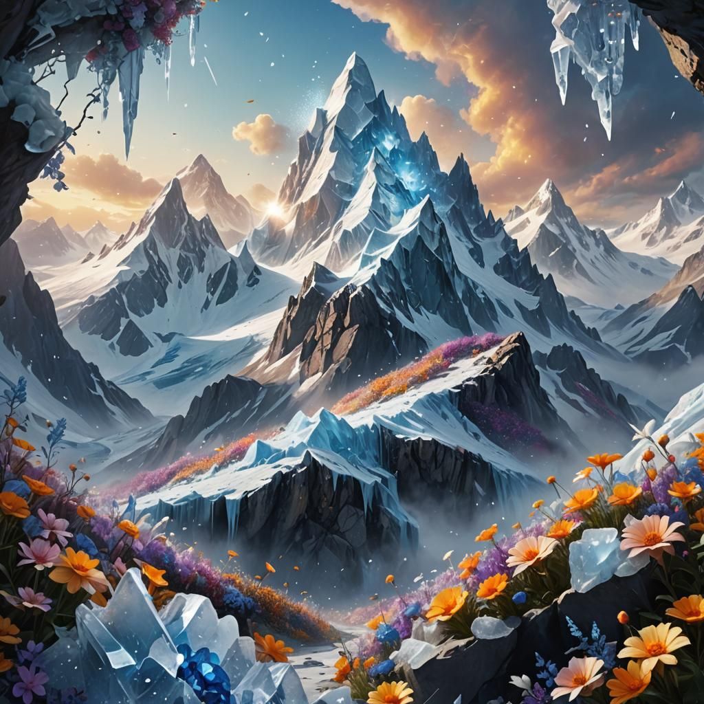 Fantasy Mountain of Flowers and Ice