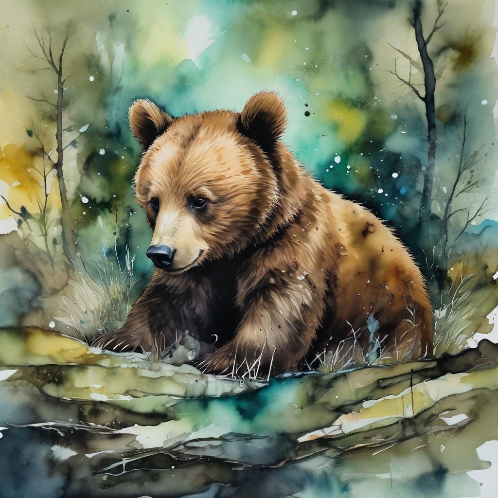 Baby Bear Hibernation in Watercolor and Ink