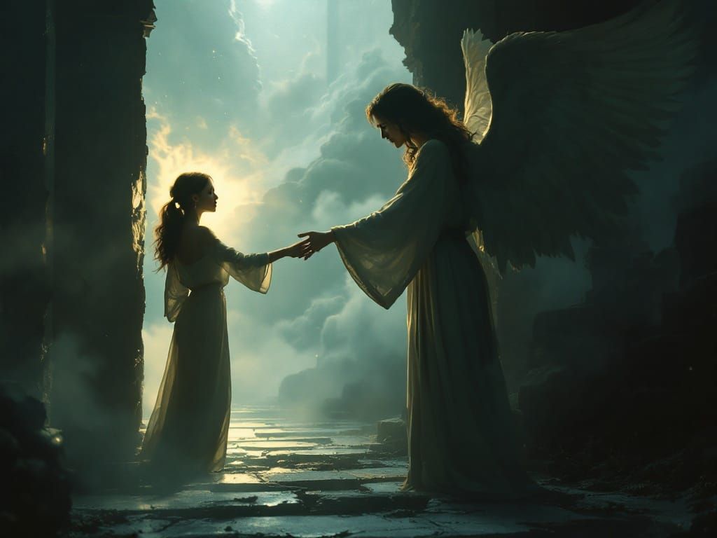 Angel Guiding Woman Out of Darkness