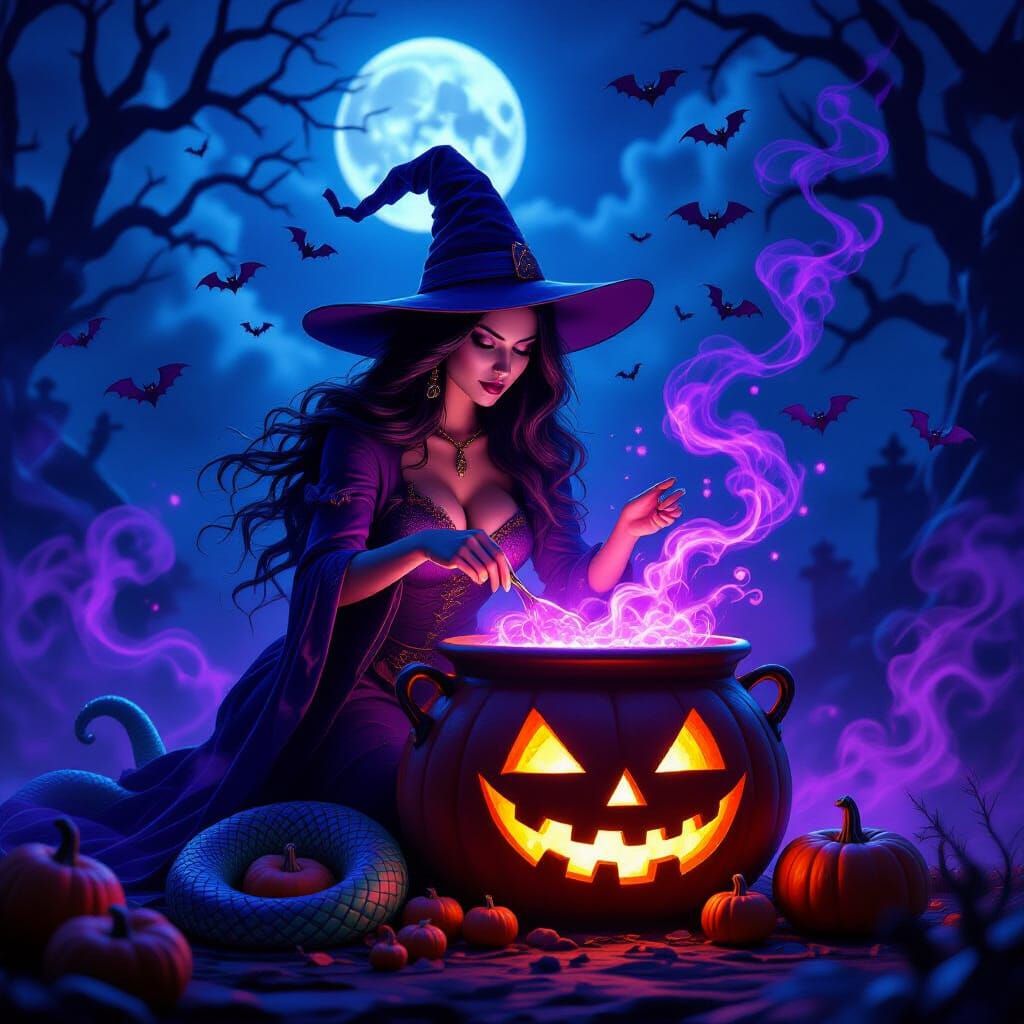 Witch with Snake Tail Brewing Potions in Pumpkin Cauldron