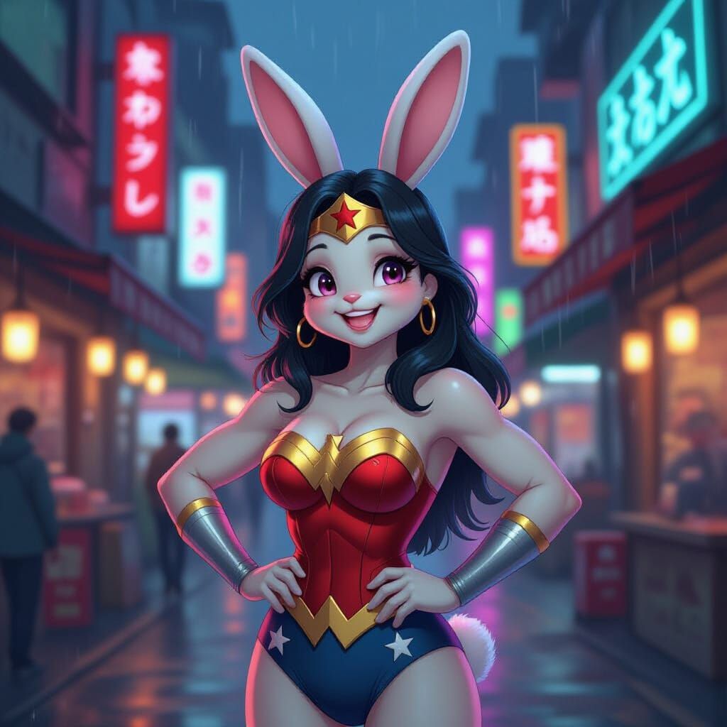 Wonder Woman Rabbit in Alien Cyberpunk Market
