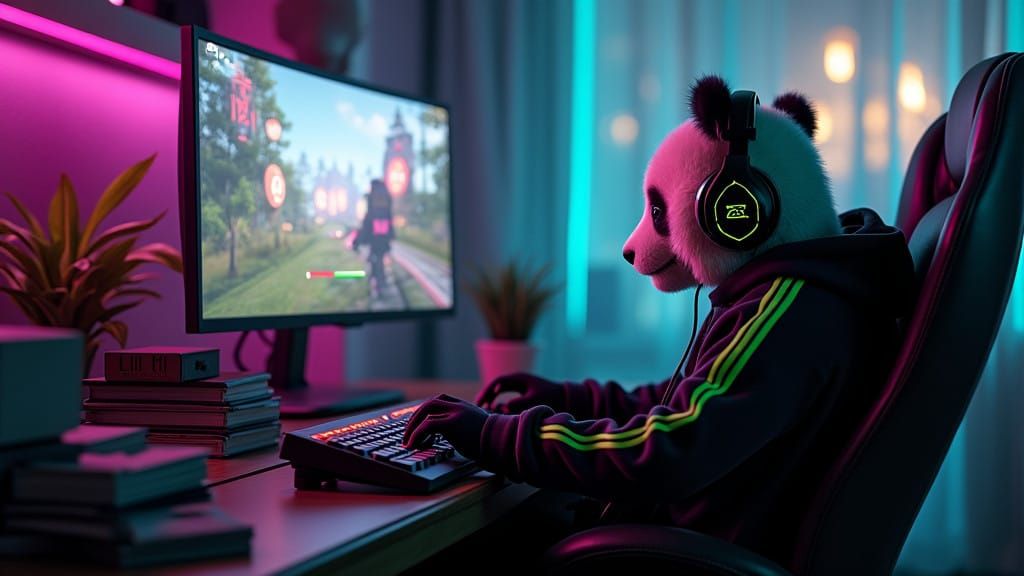 Epic Panda Gamer in Futuristic Gaming Setup