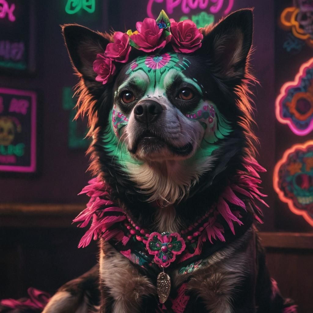 Dog as Mexican Catrina in Cyberpunk Neon
