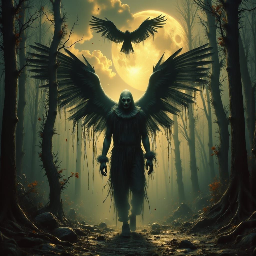 Surreal Clown in Twisted Forest Under Golden Moon