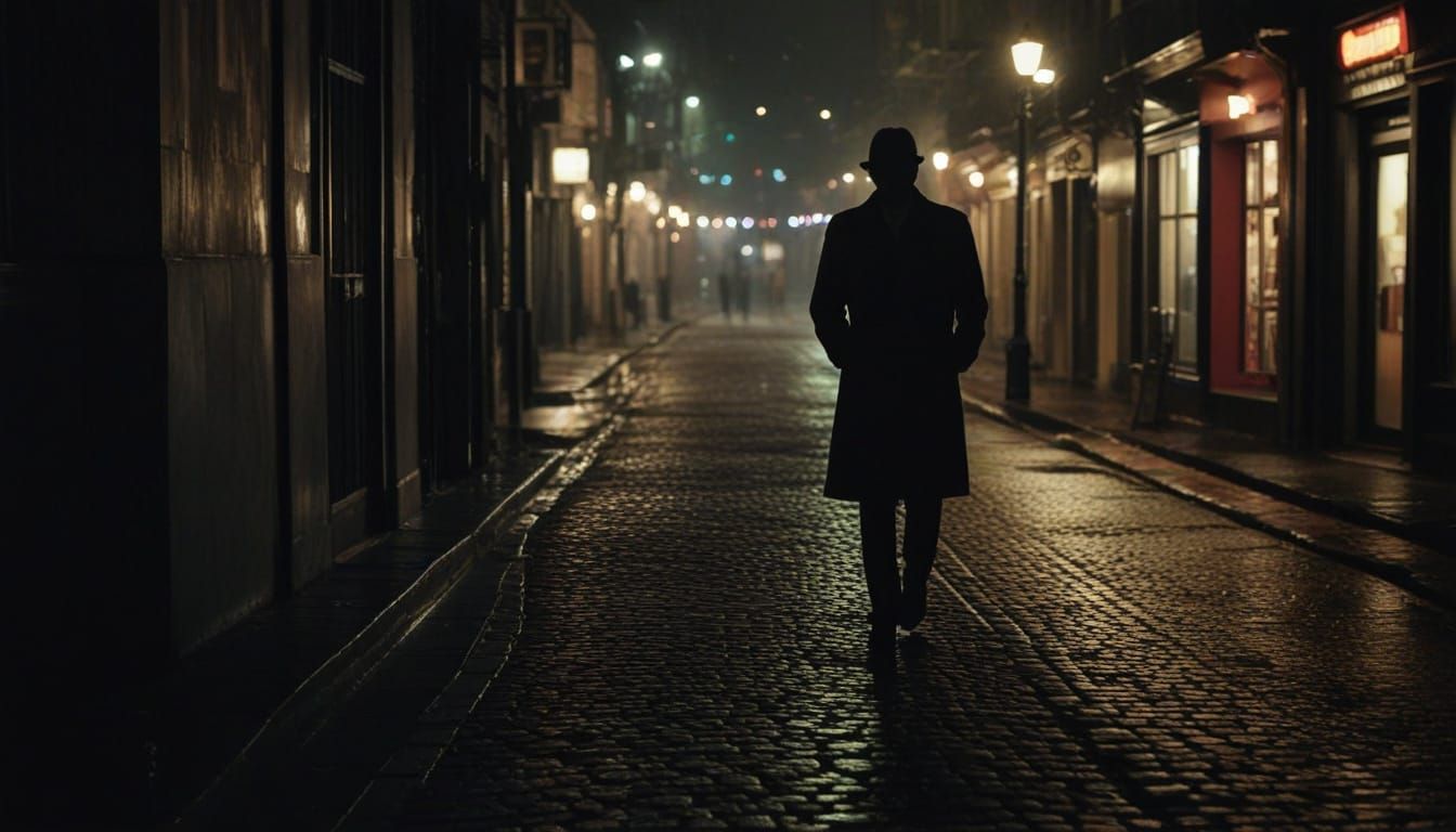Cinematic Film Noir Scene of a Solitary Figure in a Rainy Ci...