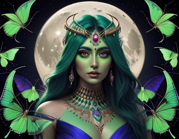 Lunar Goddess with Moon Moth in Night Sky
