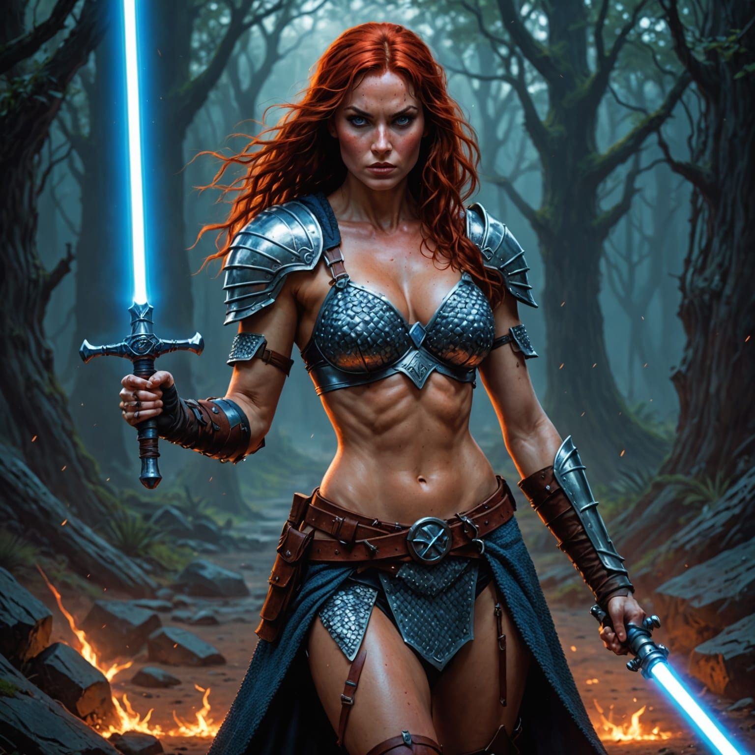 Epic Fantasy Warrior Wields Blue Light Saber